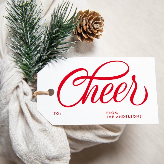 Elegante Cheer Red Script Weihnachtsfeiertag Geschenkanhänger (Von Creator hochgeladen)
