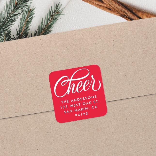 Elegante Cheer Script Weihnachts-Rücksendeadresse  Quadratischer Aufkleber (Von Creator hochgeladen)