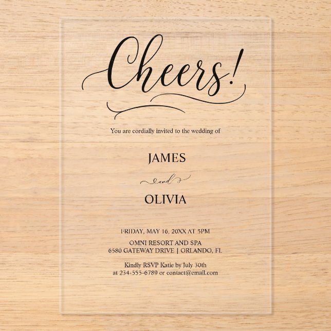 Elegante Cheers Script Clear Acrylic Wedding Acryleinladungen (Vorderseite)