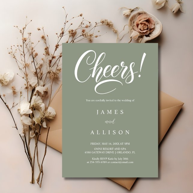 Elegante Cheers Script Sage Grün Hochzeit  Einladung (Von Creator hochgeladen)