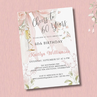 Elegante Cheers zum 60. Geburtstag Rosa Schleife F Einladung