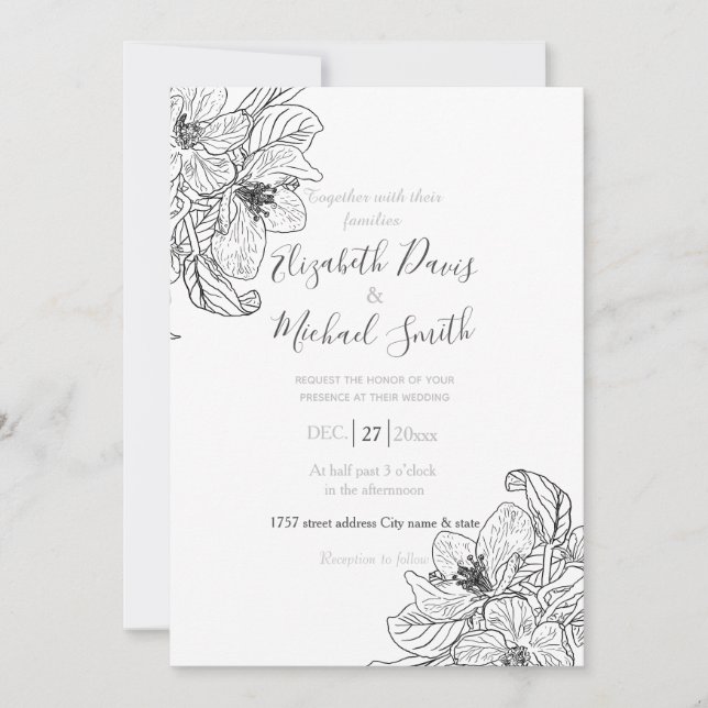 Elegante Cherry Blossom Blume Schwarz-weiß botanis Einladung (Vorderseite)