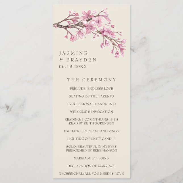 Elegante Cherry Blossom Pink Floral Wedding Programm (Vorderseite)