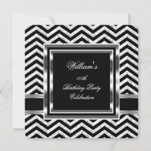 Elegante Chevron Schwarz Silber Geburtstagsfeier H Einladung