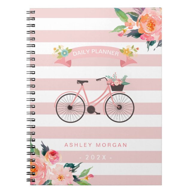 Elegante Chic Bicycle Floral Girly Pink Streifen Notizblock (Vorderseite)