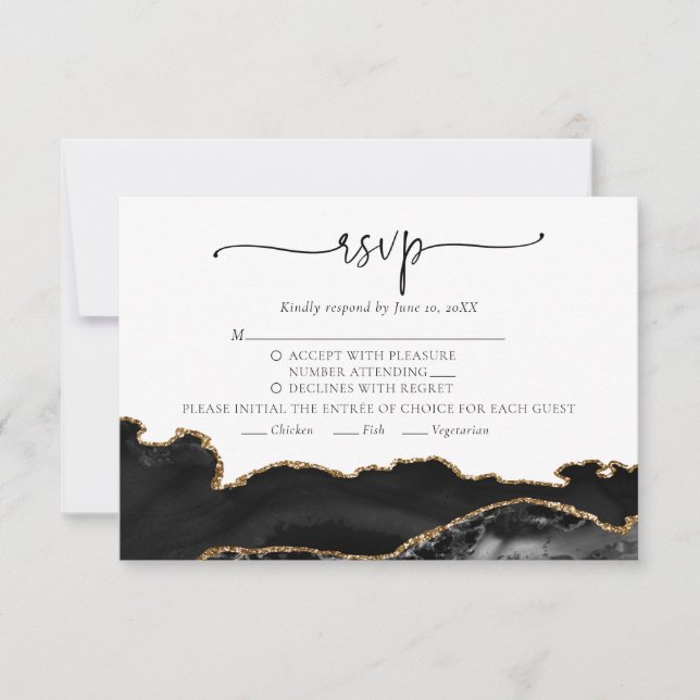 Elegante Chic Black Gold Agate Wedding RSVP Card Karte (Vorderseite)