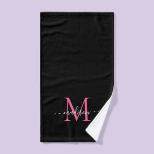 Elegante Chic Black Hot Pink Monogram Script Name Handtuch