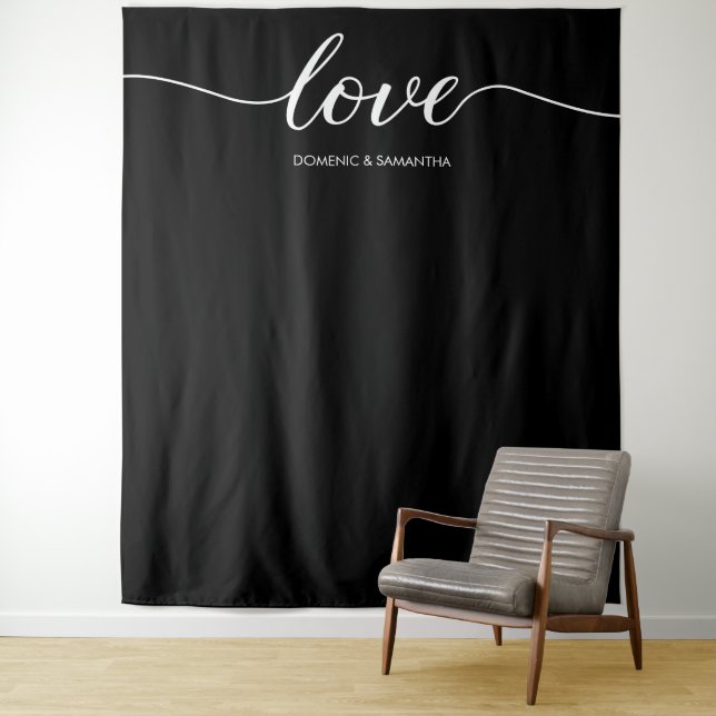 Elegante Chic Black Liebe Script Hintergrund Hochz Wandteppich (Beispiel)