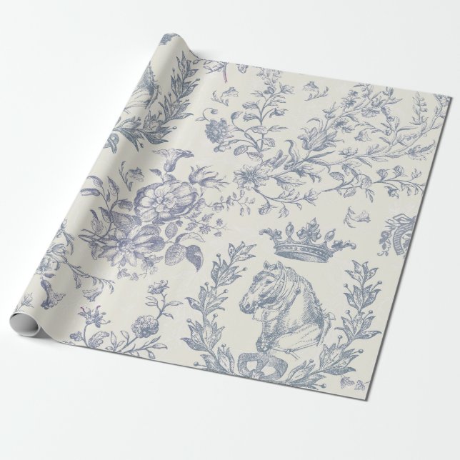 Elegante Chic Blue Beige Reittier Toile Geschenkpapier (Ungerollt)
