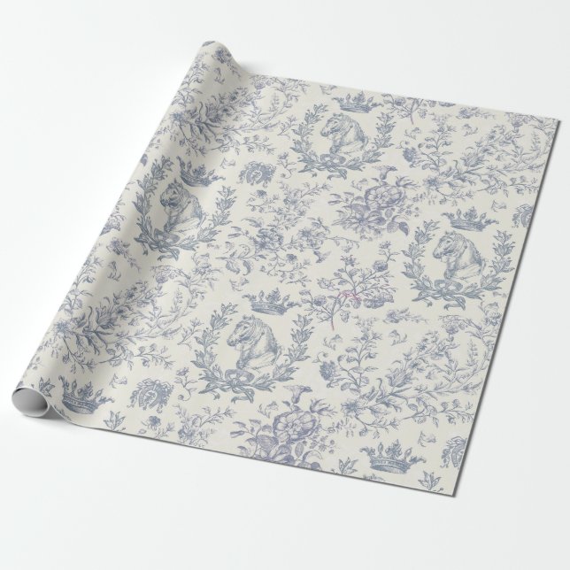 Elegante Chic Blue Beige Reittier Toile Geschenkpapier (Ungerollt)