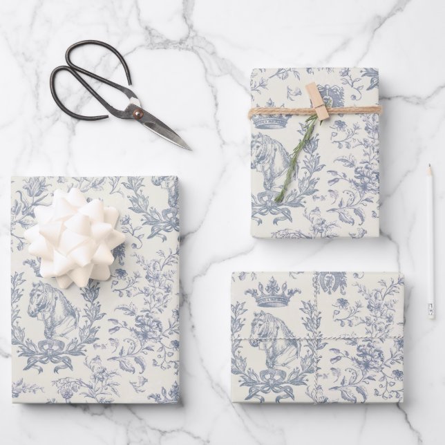 Elegante Chic Blue Beige Reittier Toile Geschenkpapier Set (Vorderseite)