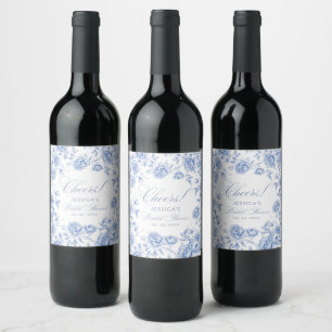 Elegante Chic Blue Toile Chinoiserie Brautparty Weinetikett