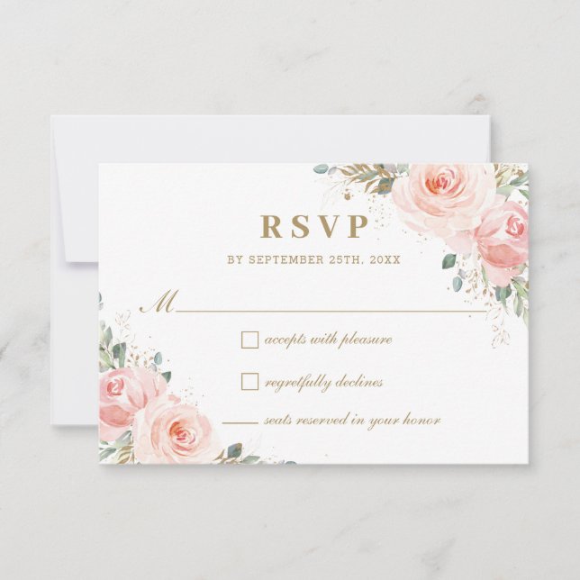 Elegante Chic Blush Roses Roses Floral Gold Hochze RSVP Karte (Vorderseite)