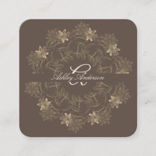 Elegante Chic Brown Gold Floral Script Monogram Quadratische Visitenkarte