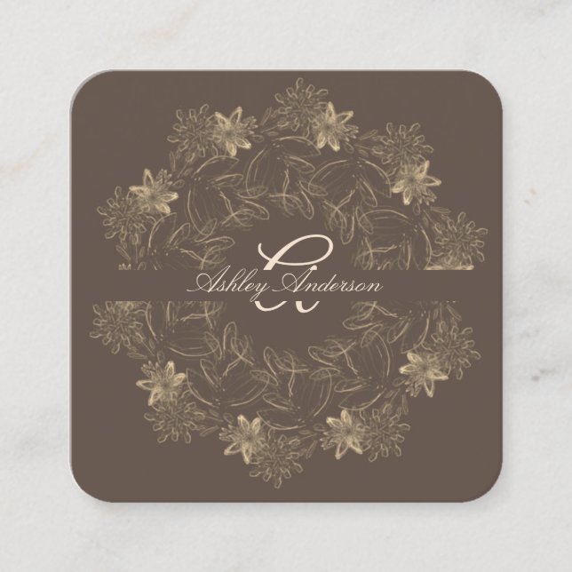 Elegante Chic Brown Gold Floral Script Monogram Quadratische Visitenkarte (Vorderseite)