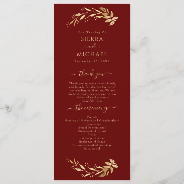 Elegante Chic Burgundy Gold Foliage Wedding Programm (Vorderseite)
