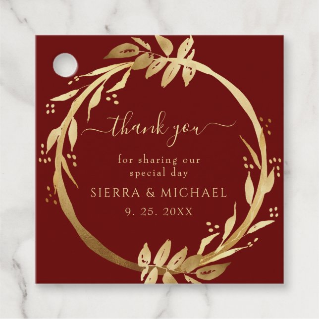 Elegante Chic Burgundy Golden Foliage Wedding Geschenkanhänger (Vorderseite)