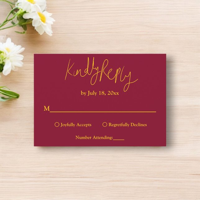 Elegante Chic Burgundy und Gold Calligraphy Weddin RSVP Karte (Von Creator hochgeladen)