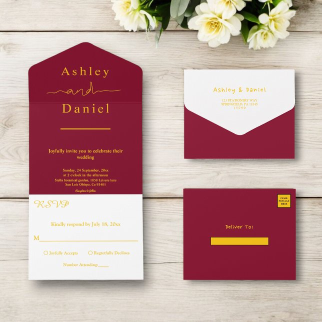Elegante Chic Burgundy und Gold Luxury Wedding All In One Einladung (Von Creator hochgeladen)