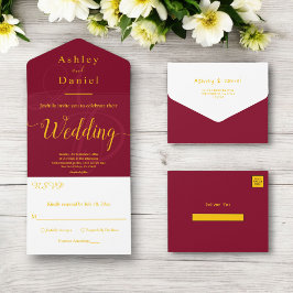 Elegante Chic Burgundy und Gold Monogram Wedding All In One Einladung