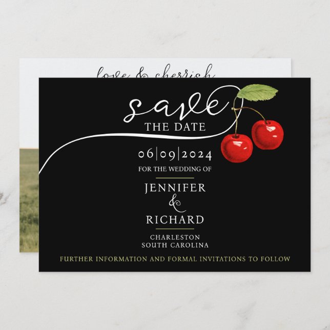 Elegante Chic Cherries Red Black Foto Calligraphy Save The Date (Vorne/Hinten)