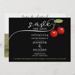 Elegante Chic Cherries Red Black Foto Calligraphy Save The Date