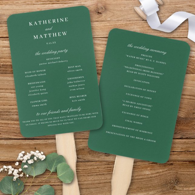 Elegante Chic Dark Green Wedding Zeremony Program Fächer (Elegant Chic Dark Green Wedding Ceremony Program Fan)