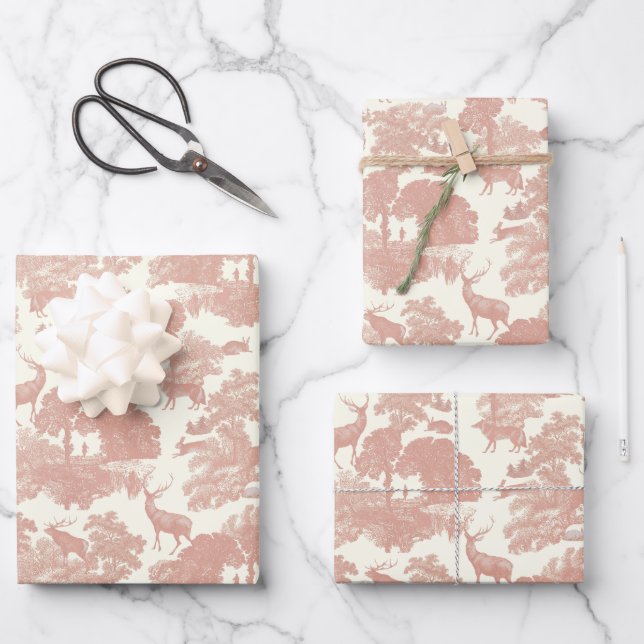Elegante Chic Dusty Rose Toile Deer Woodland Geschenkpapier Set (Vorderseite)
