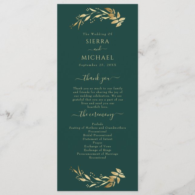 Elegante Chic Emerald Green Gold Foliage Hochzeit Programm (Vorderseite)