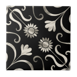 Elegante Chic Floral Damask Black Silver Sonnenblu Fliese