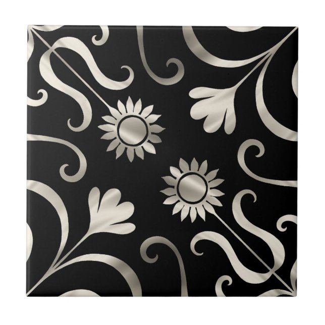 Elegante Chic Floral Damask Black Silver Sonnenblu Fliese (Vorderseite)