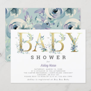 Elegante Chic Gold Aquamarin Blue Flowers Babydusc Einladung