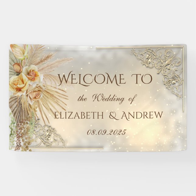 Elegante Chic Gold Hearts Boho Blume Banner (Horizontal)