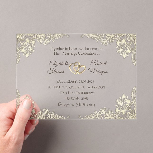 Elegante Chic Gold Hearts Lace Wedding Acryleinladungen (Insitu (Handheld))