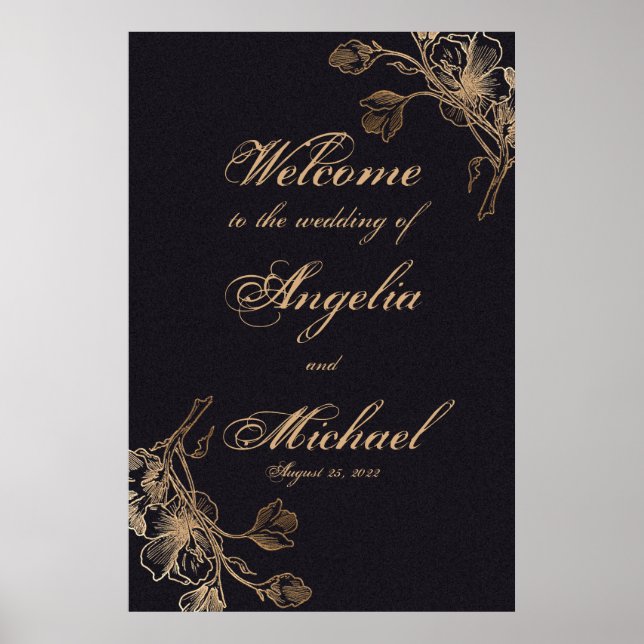 Elegante Chic Gold Imitate Metal Floral Wedding Poster (Vorne)