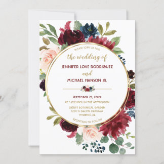 Elegante Chic Gold Marsala Floral Bouquet Wedding Einladung
