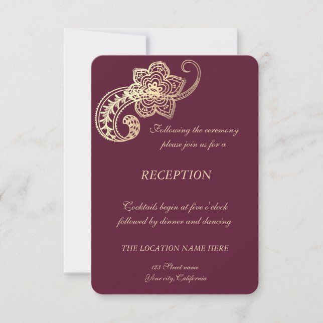Elegante Chic Gold Paisley Hochzeitsempfang Einladung (Vorderseite)