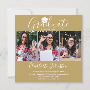 Elegante Chic Gold Schrift 4 Foto Abschlussfeier Einladung