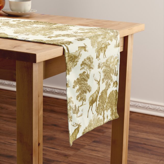 Elegante Chic Gold Toile Deer Woodland Kurzer Tischläufer (Beispiel)