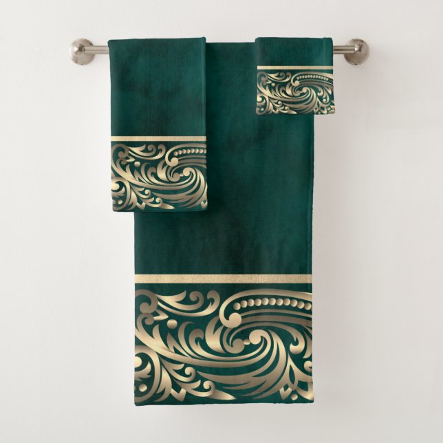 Elegante Chic Gold Wirbel Green Badhandtuch Set (Insitu)