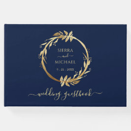 Elegante Chic Golden Foliage Navy Blue Wedding Gästebuch