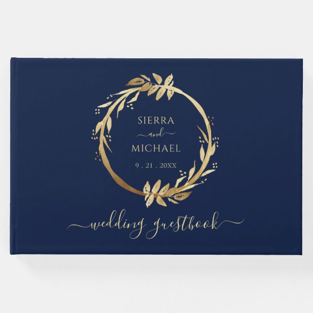 Elegante Chic Golden Foliage Navy Blue Wedding Gästebuch (Vorderseite)