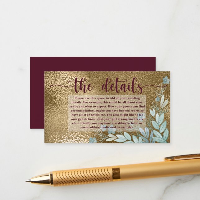 Elegante Chic Imitats Gold Leaf und Burgund Detail Begleitkarte (Vorderseite/Rückseite Beispiel)