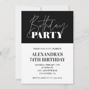Elegante Chic Lettering Schwarz-weiß 74. Geburtsta Einladung