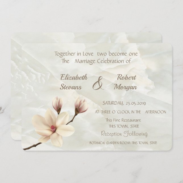 Elegante Chic Magnolia, Marmorhochzeit Einladung (Vorne/Hinten)