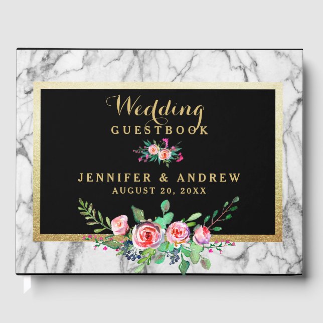 Elegante Chic Marble Black Gold Pink Floral Weddin Gästebuch (Vorderseite)