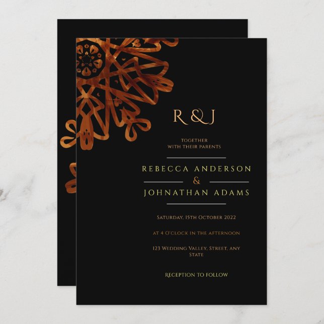 Elegante Chic Ornamental Black and Gold Wedding Einladung (Vorne/Hinten)