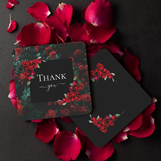 Elegante Chic Romantic Danke Rote Rosen Floral Mitteilungskarte (#zazzlemade #roses #love #thankyoucard #valentine #script #calligrahpic #blackandred #redroses)