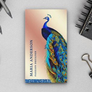 Elegante Chic Rose Gold Foil Blue Indian Peacock Visitenkarte