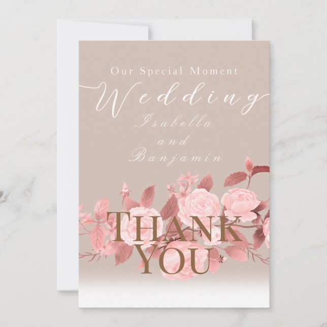 Elegante Chic Rose Hochzeit Dankeskarte (Vorderseite)